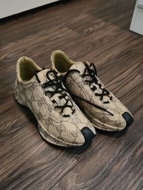 Gucci Monogram Beige Canvas Sneakers with Black Accents